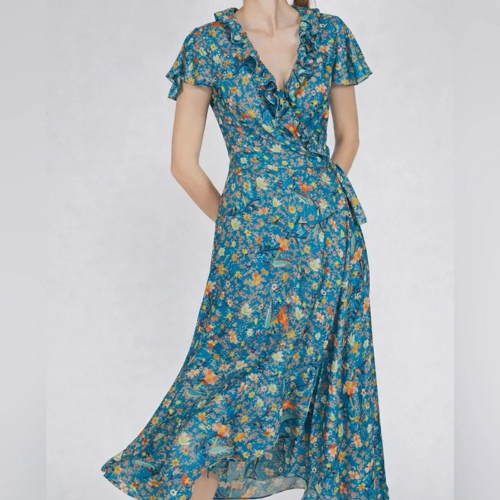 Benares Floral Wrap Maxi Dress Blue Orange Ruffle Detail Size S - Picture 1 of 6